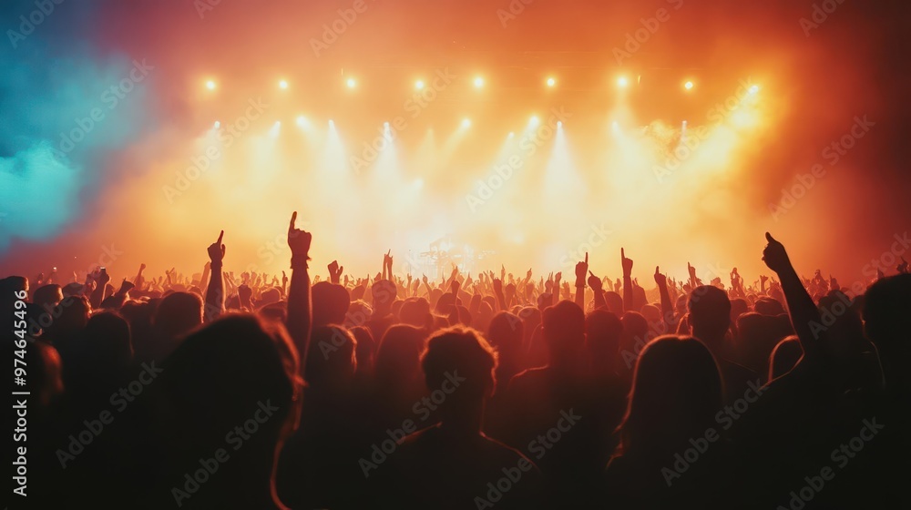 Fototapeta premium concert crowd silhouettes against vibrant stage lights atmospheric fog swirling through air electric atmosphere of music festival captured in dynamic composition