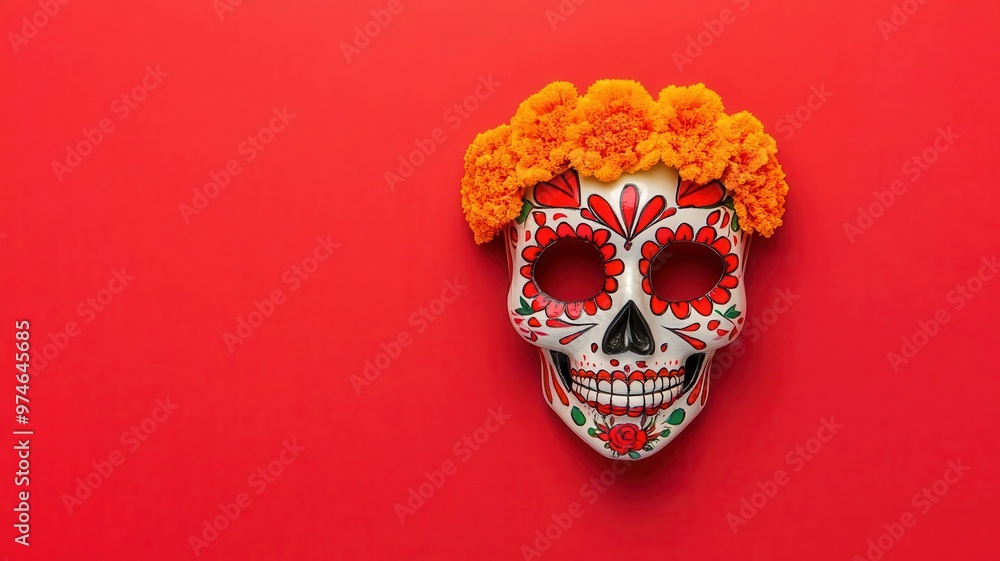 Skull face with marigold accents, vibrant and intricate, Day of the Dead mask Skull face with marigold accents, vibrant and intricate, Day of the Dead mask