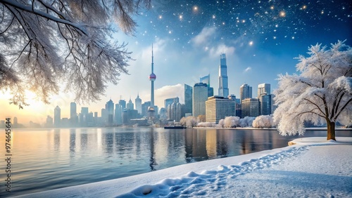 Snowflakes gently fall on tranquil Toronto cityscape, casting serene white veil over towering skyscrapers, frozen lakefront, and snow-dusted trees in wintry Canada morning scene. photo