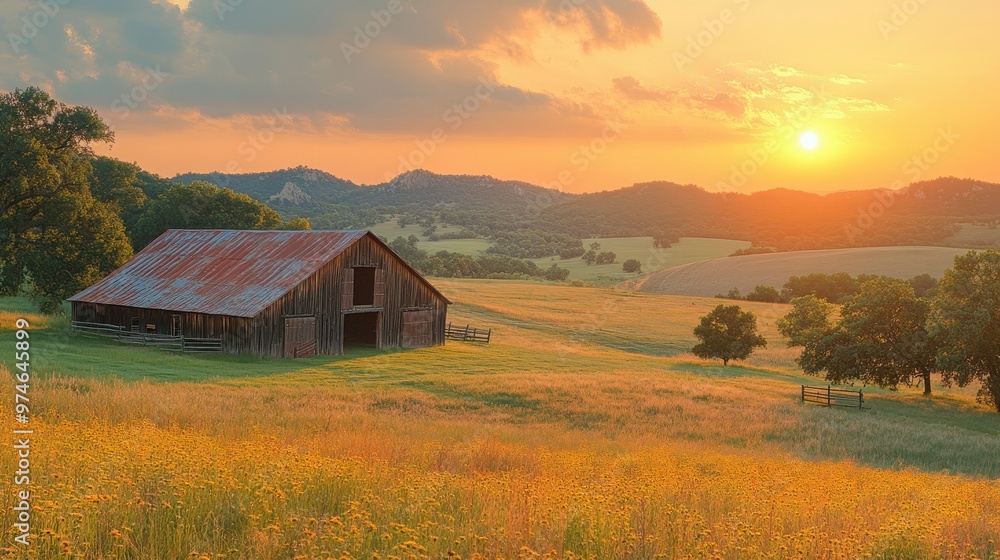 A serene sunset over a rustic barn in a lush countryside landscape. A serene sunset over a rustic barn in a lush countryside landscape.