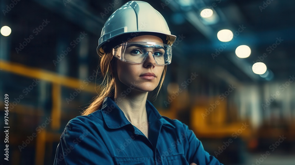 confident female engineer portrait in industrial setting strong lighting protective gear and determined expression highlight women in stem fields confident female engineer portrait in industrial setting strong lighting protective gear and determined expression highlight women in stem fields