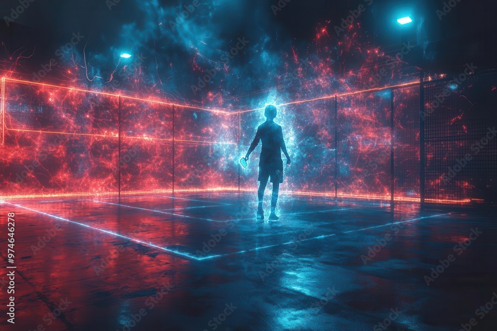 futuristic neonlit pickleball court holographic player silhouette glowing energy trails from racquet swings cyberpunk sports arena futuristic neonlit pickleball court holographic player silhouette glowing energy trails from racquet swings cyberpunk sports arena