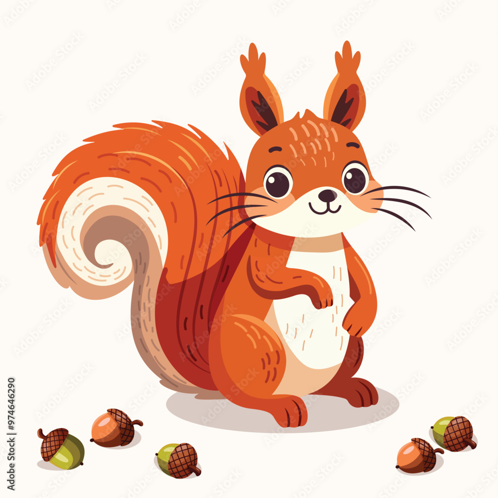 Cute squirrel with an acorn on white background. Vector illustration in cartoon flat style.