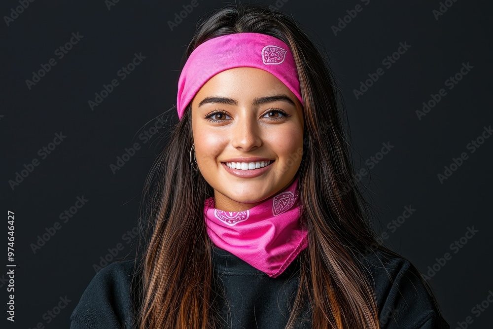 Young woman smiling brightly, wearing a pink headband and neck scarf against a dark background. Young woman smiling brightly, wearing a pink headband and neck scarf against a dark background.