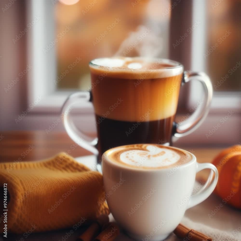 Pumpkin spiced latte or coffee in glass decorated knitted scarf on vintage background. Autumn, fall or winter hot drink Pumpkin spiced latte or coffee in glass decorated knitted scarf on vintage background. Autumn, fall or winter hot drink