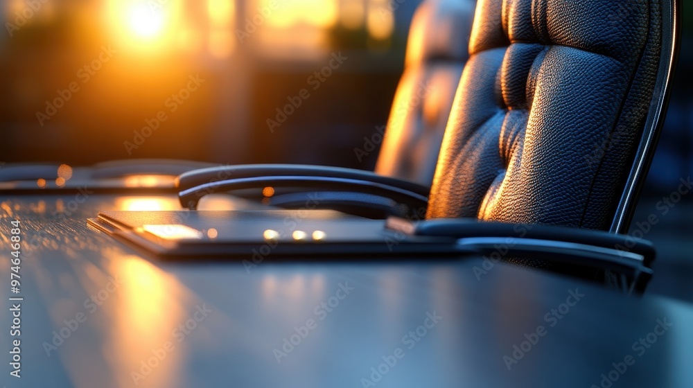 Obraz premium A close-up view of a modern office chair and table, illuminated by warm sunset light, creating a cozy and professional atmosphere.