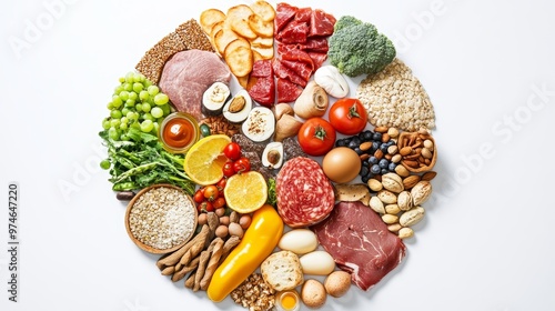 A colorful array of healthy foods arranged in a circular pattern, showcasing various ingredients for a balanced diet. photo