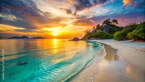 Softly glowing sunset casts a warm orange haze over powdery white sand and crystal-clear turquoise waters of secluded Lapus Lapus Beach landscape. photo