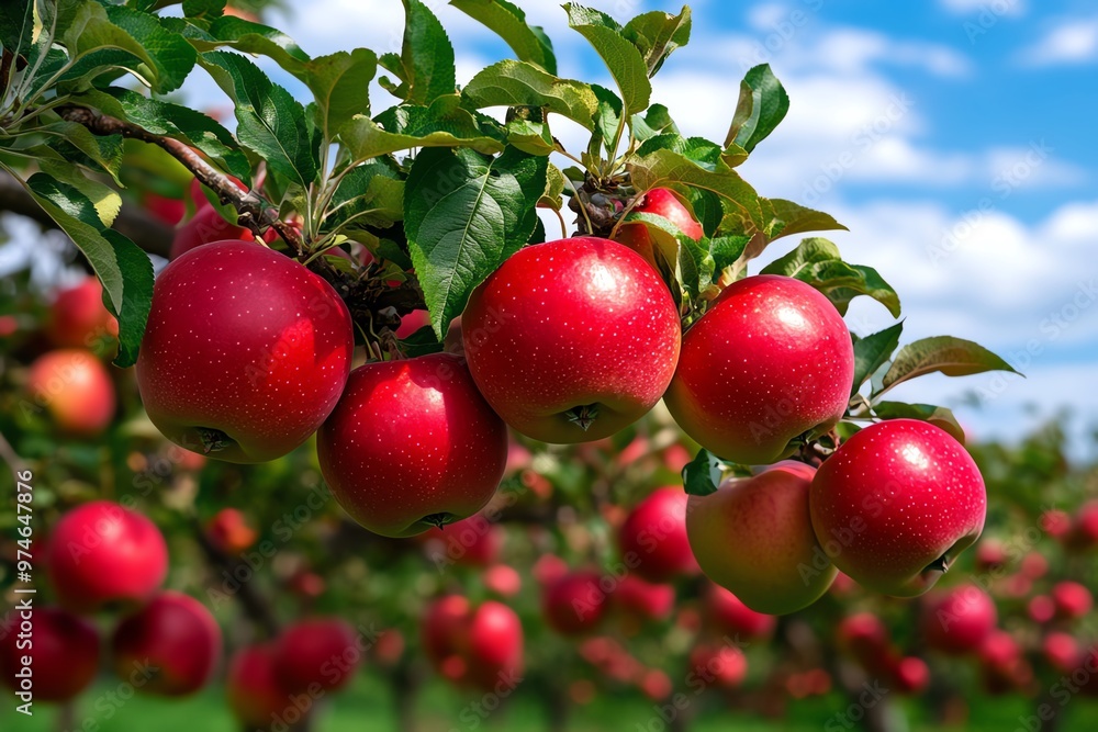 Obraz premium Apple trees in an orchard, their branches heavy with ripe fruit on a rural farm