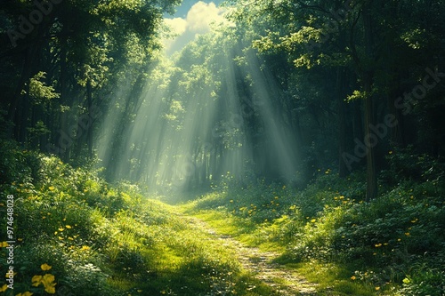 A peaceful forest clearing bathed in sunlight