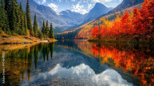 A serene autumn landscape with vibrant foliage reflecting in a calm lake surrounded by mountains.