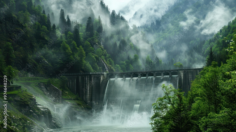 Fototapeta premium Misty Dam and Waterfall in the Mountains