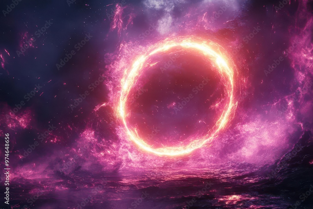 Obraz premium futuristic quantum portal emitting intense purple neon glow circular frame with defocused light flares against dark backdrop scifi inspired digital illustration