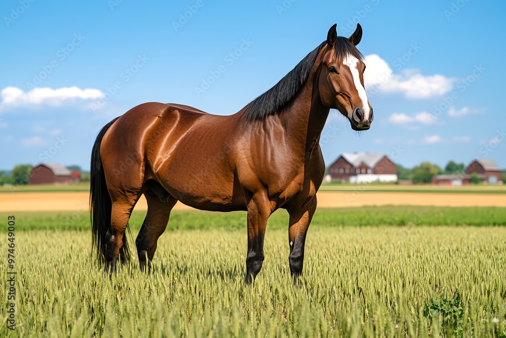 Horses grazing in a large field, with a backdrop of barns and farmhouses in the distance Horses grazing in a large field, with a backdrop of barns and farmhouses in the distance