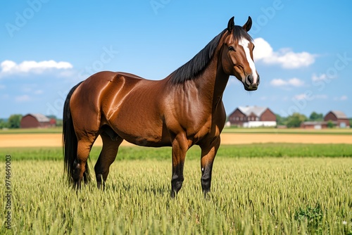 Horses grazing in a large field, with a backdrop of barns and farmhouses in the distance