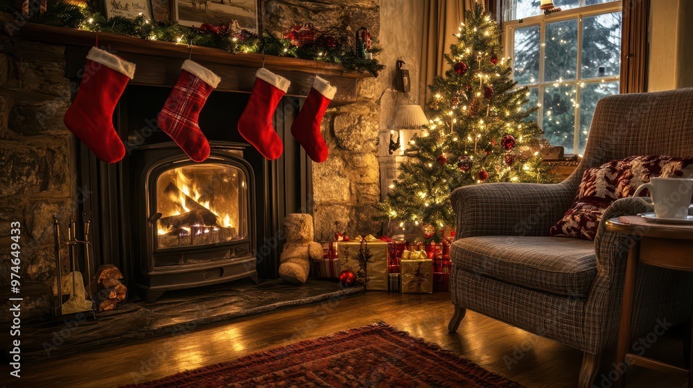 cozy christmas eve roaring fireplace with stockings and twinkling tree soft lamplight illuminates comfortable armchairs a steaming mug of cocoa waits on a side table cozy christmas eve roaring fireplace with stockings and twinkling tree soft lamplight illuminates comfortable armchairs a steaming mug of cocoa waits on a side table
