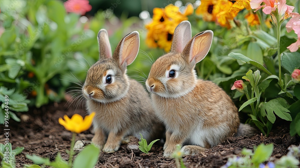 Two Brown Rabbits Sitting in a Garden Two Brown Rabbits Sitting in a Garden