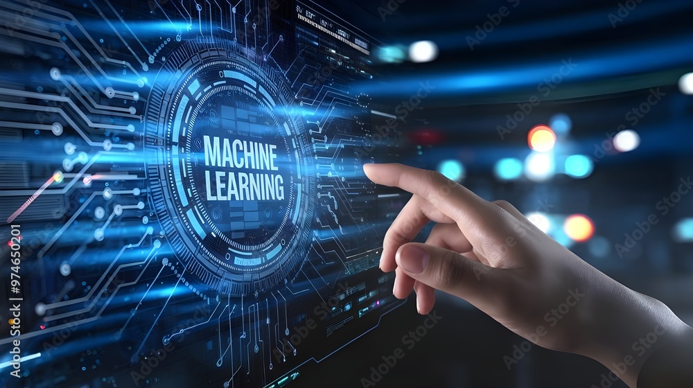 ML, Machine learning virtual touch screen, hand touch machine learning virtual screen, technology concept ML, Machine learning virtual touch screen, hand touch machine learning virtual screen, technology concept