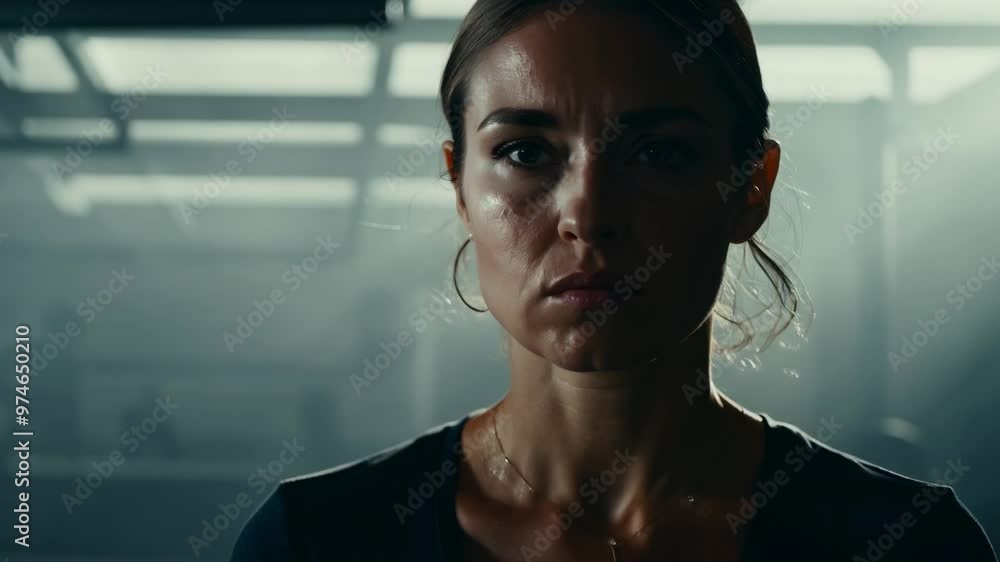 Close-up portrait of a young woman tired after training in the gym. She radiates strength and determination, even in exhaustion, showing that every drop of sweat brings her closer to her goals. Close-up portrait of a young woman tired after training in the gym. She radiates strength and determination, even in exhaustion, showing that every drop of sweat brings her closer to her goals.