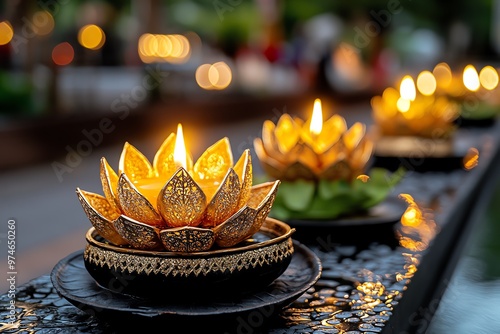 Loy Krathong celebrating the beauty of Thai Culture with traditional Ceremonies and Festive Decorations photo