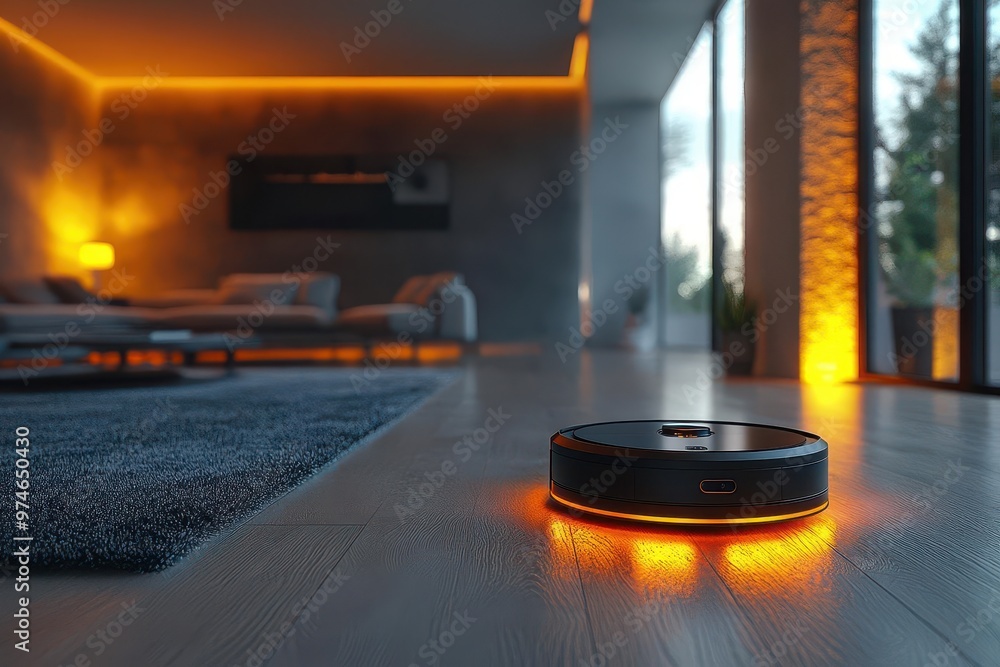futuristic smart home with a sleek robotic vacuum navigating a minimalist living space holographic interfaces display cleaning schedules and environmental data in vibrant colors futuristic smart home with a sleek robotic vacuum navigating a minimalist living space holographic interfaces display cleaning schedules and environmental data in vibrant colors