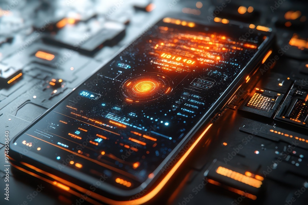 futuristic smartphone ui design floating in space holographic orange and blue elements clean white background 3d icons and flowing data visualizations futuristic smartphone ui design floating in space holographic orange and blue elements clean white background 3d icons and flowing data visualizations