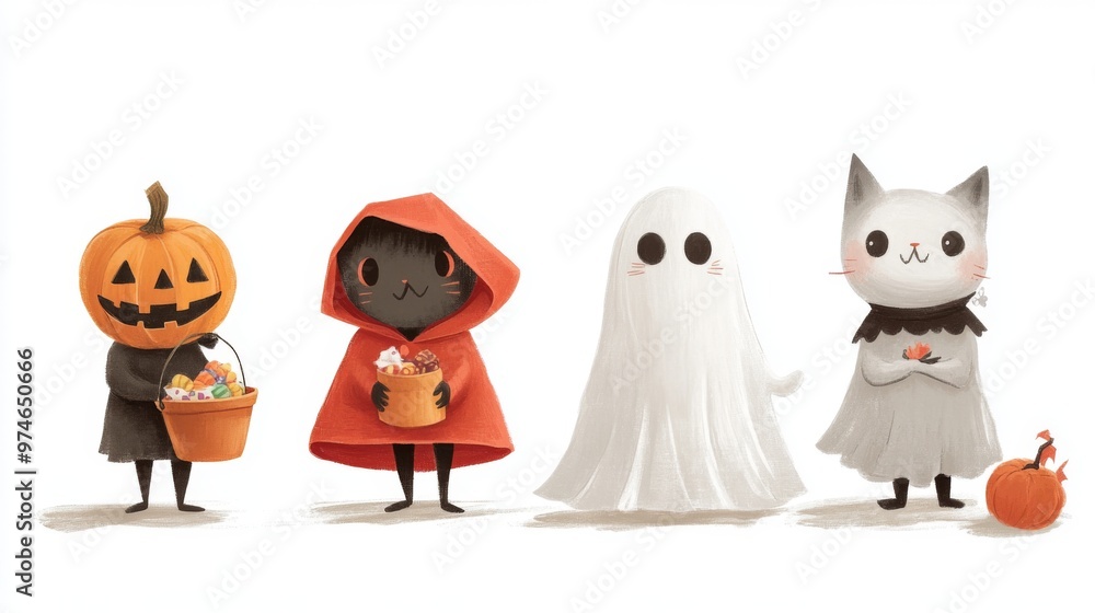 Obraz premium Four charming characters dressed in Halloween costumes, including a pumpkin head, a red-hooded figure, a ghost, and a cat-like figure, holding baskets for trick-or-treating.