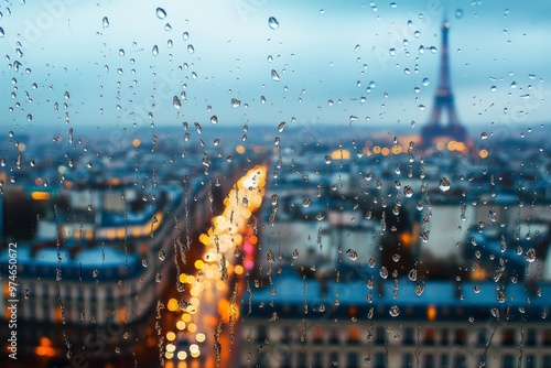 A rainy evening in Paris featuring a cityscape view through a window with raindrops on the glass, blurred city lights, and the iconic Eiffel Tower in the background. photo