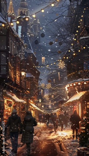 Charming winter city corner at night with festive lights and joyful passersby in warm attire