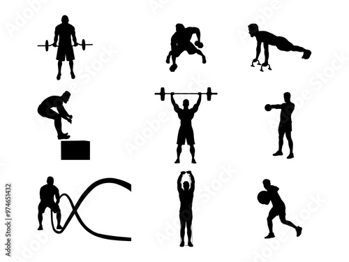 Set of Crossfit Silhouette in various poses isolated on white background