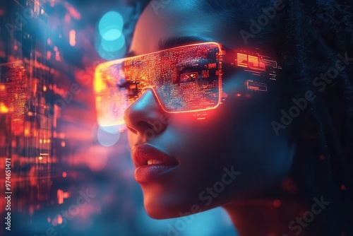 Wallpaper Mural futuristic streaming interface with holographic ai recommendations floating around a user vibrant neon colors and dynamic motion blur Torontodigital.ca