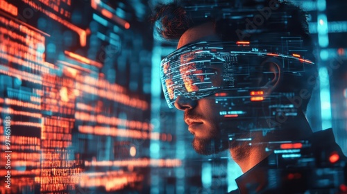 Wallpaper Mural cyborg software engineer interfacing directly with holographic code neon data streams augmented reality displays and a fusion of organic and digital elements Torontodigital.ca