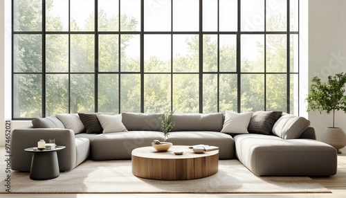 Cozy Grey Sofas By Large Window Create Bright And Inviting Atmosphere In Light-Filled Living Room Interior.