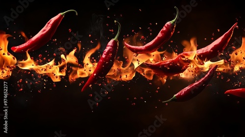 Spicy hot chili red peppers flying through fire flames against dark background, concept of extremely hot food, heat, intensity, bold flavors.