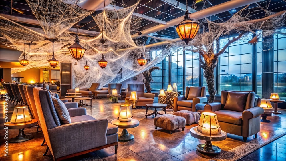 Spooky decorations and eerie lighting transform a luxurious airport lounge into a haunted haven, complete with cobweb-covered furnishings and sinister artifacts. Spooky decorations and eerie lighting transform a luxurious airport lounge into a haunted haven, complete with cobweb-covered furnishings and sinister artifacts.