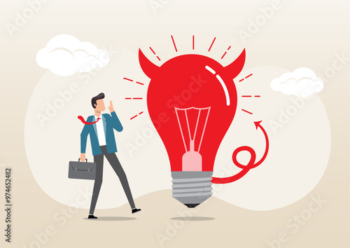 confused businessman looking at devil lightbulb