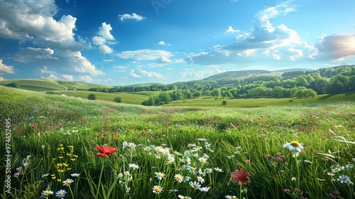 Fototapeta Naklejka Na Ścianę i Meble -  A vibrant spring landscape with lush green hills, colorful wildflowers, and a clear blue sky