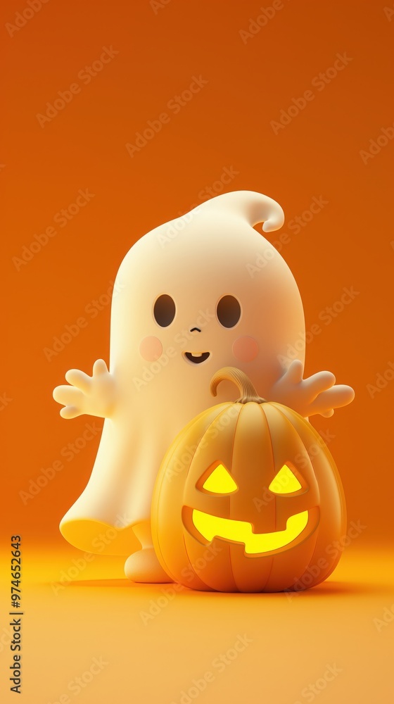 Cute cartoon ghost and pumpkin on bright orange background. Playful Halloween 3D design Cute cartoon ghost and pumpkin on bright orange background. Playful Halloween 3D design