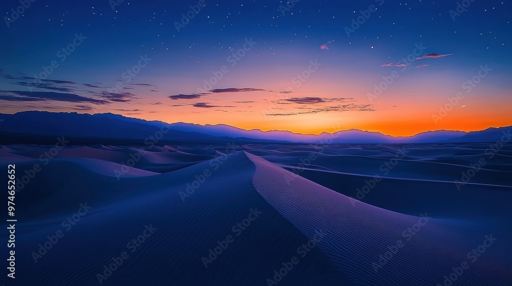 A serene desert landscape at dusk, showcasing sand dunes under a starry sky. A serene desert landscape at dusk, showcasing sand dunes under a starry sky.