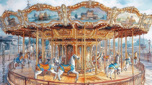 Capture an intricately designed, colorful carousel from a high angle in vivid watercolors photo