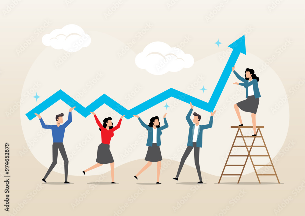 businessman and woman employee team help grow rising arrow chart businessman and woman employee team help grow rising arrow chart