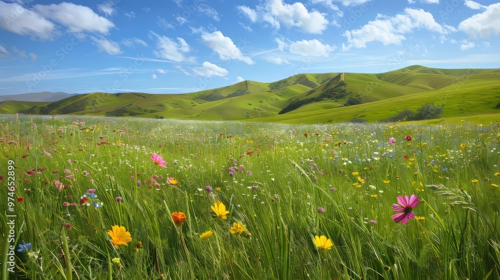A vibrant spring landscape rolling green hills, blooming wildflowers, and a bright blue sky A vibrant spring landscape rolling green hills, blooming wildflowers, and a bright blue sky