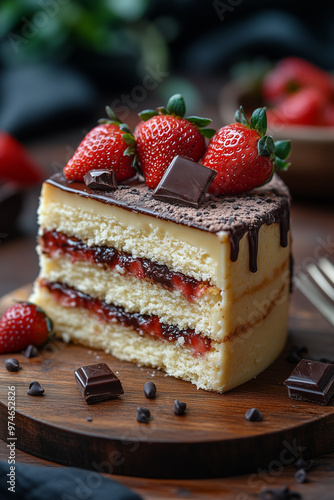 Chocolate Cake with Strawberries and Chocolate Pieces - Food Photography