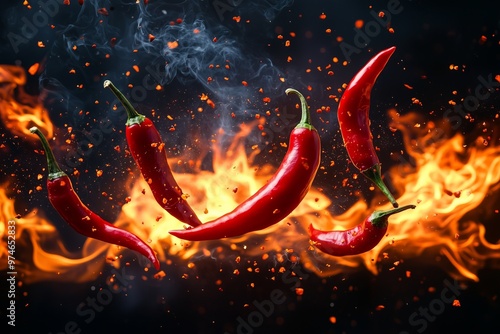 Spicy hot chili red peppers flying through fire flames against dark background, concept of extremely hot food, heat, intensity, bold flavors.