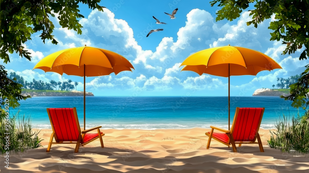 Two beach chairs under yellow umbrellas on a sandy shore, with birds flying above a clear blue ocean Two beach chairs under yellow umbrellas on a sandy shore, with birds flying above a clear blue ocean
