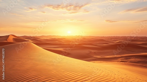 A serene desert landscape at sunset, showcasing rolling sand dunes and warm colors.