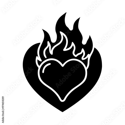 Icon of a heart on fire, in a black silhouette style, symbolizing passionate love and intensity 