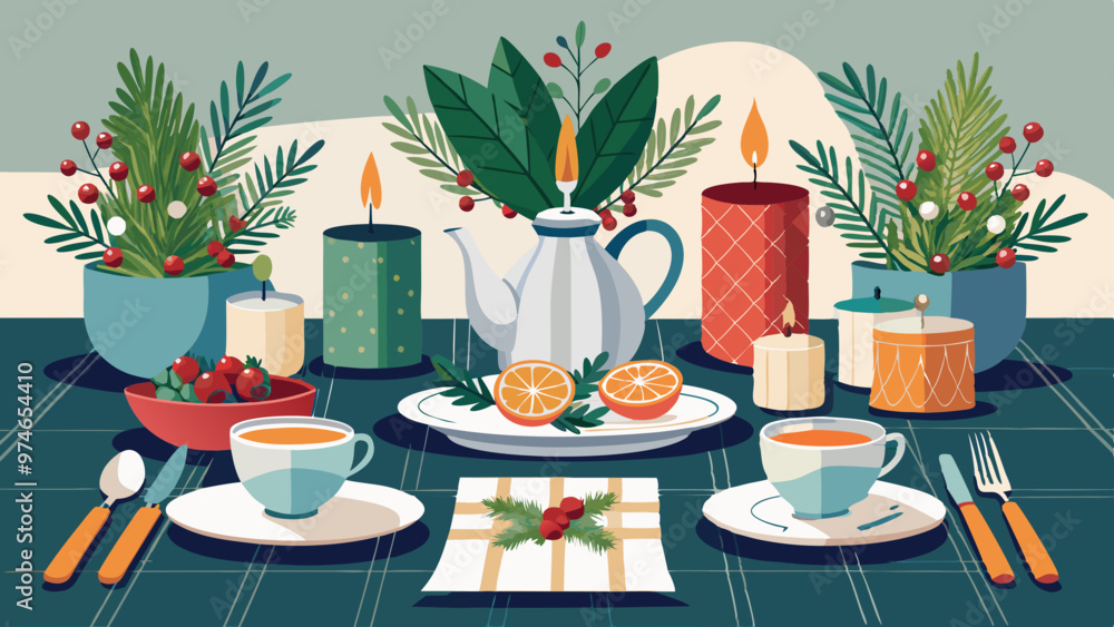 Fototapeta premium Elegant Holiday Table Setting with Eco-Friendly Tableware and Fresh Greenery 