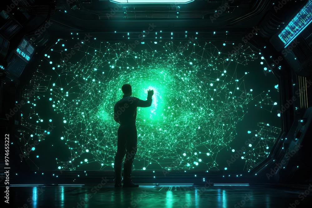 A silhouette of a person interacting with a futuristic, glowing holographic interface in a dark, high-tech environment. A silhouette of a person interacting with a futuristic, glowing holographic interface in a dark, high-tech environment.