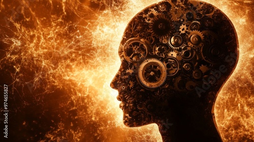 An image depicting a silhouette of a human head filled with gears and cogs, symbolizing artificial intelligence and the mechanization of human thought processes. An abstract and artistic representati